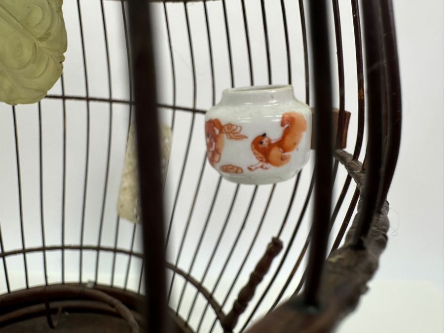 Vintage Chinese Barrel-Form Birdcage With Waterpots And Ornamentation 15H [Photo 5]
