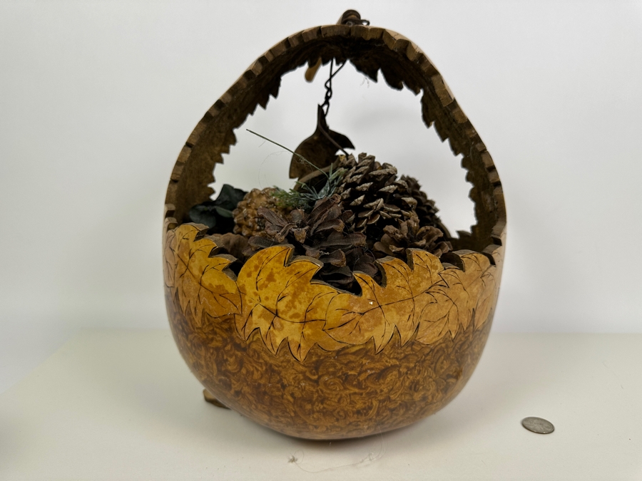 Hand Painted Signed Carved Gourd Basket Signed Kathy 13H [Photo 4]