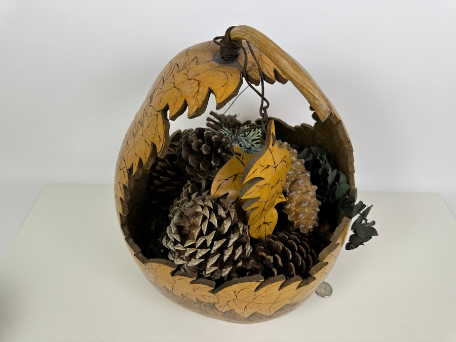 Hand Painted Signed Carved Gourd Basket Signed Kathy 13H [Photo 3]