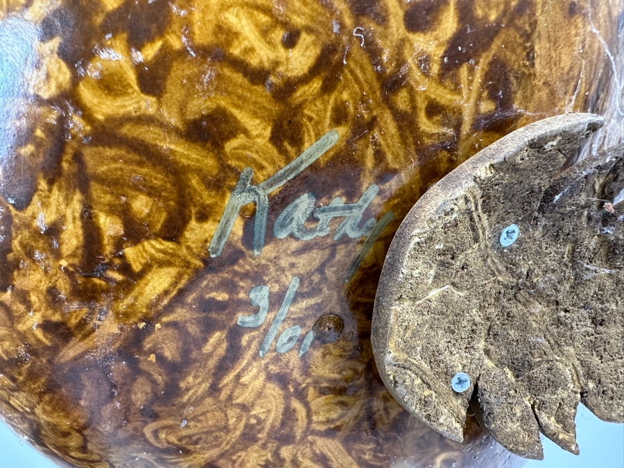 Hand Painted Signed Carved Gourd Basket Signed Kathy 13H [Photo 5]