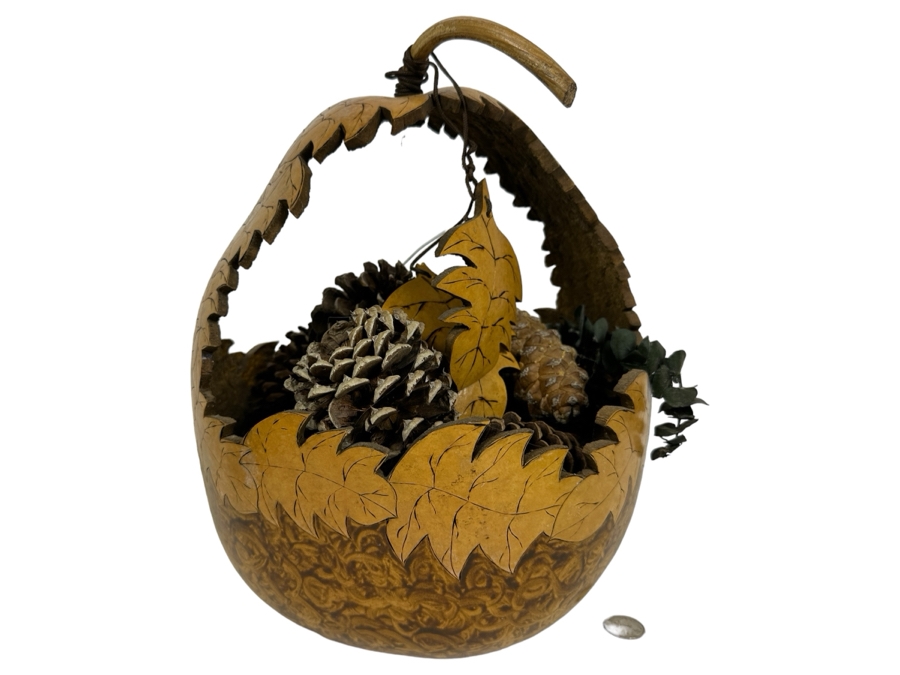 Hand Painted Signed Carved Gourd Basket Signed Kathy 13H [Photo 1]