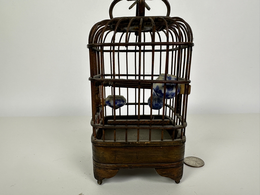 Vintage Chinese Small Bamboo Birdcage With Waterpots 10H [Photo 8]