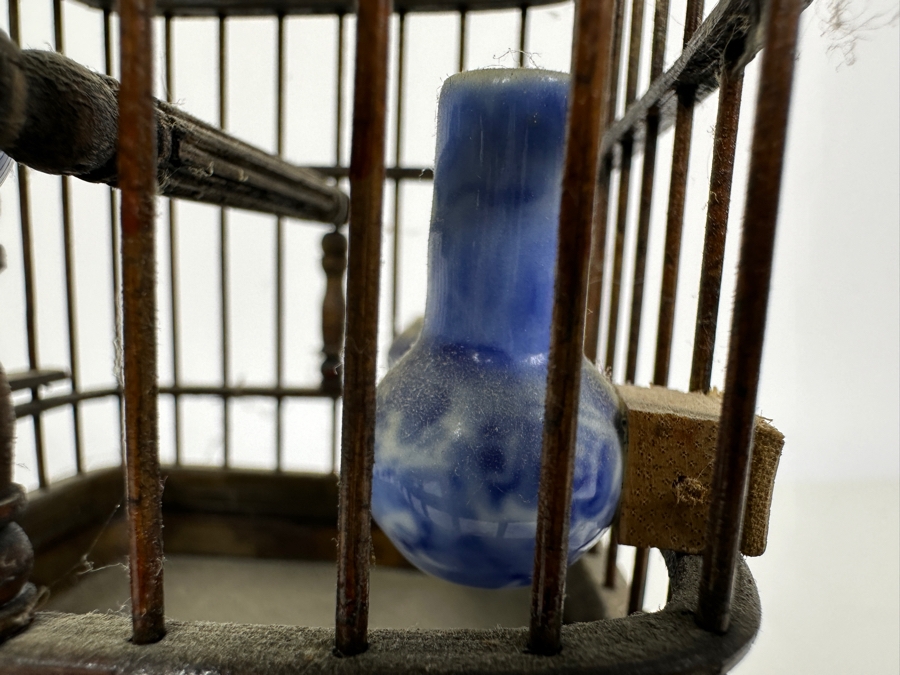 Vintage Chinese Small Bamboo Birdcage With Waterpots 10H [Photo 5]