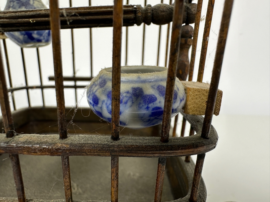 Vintage Chinese Small Bamboo Birdcage With Waterpots 10H [Photo 4]