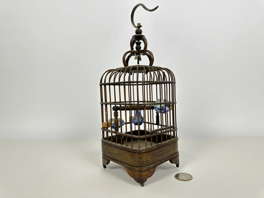Vintage Chinese Small Bamboo Birdcage With Waterpots 10H