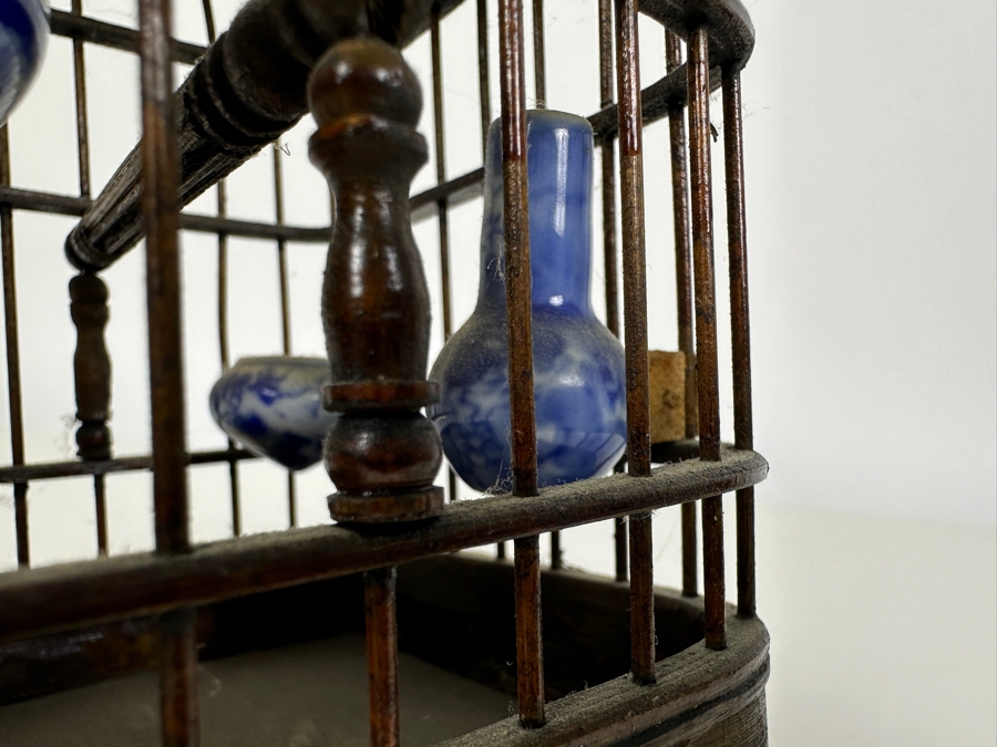 Vintage Chinese Small Bamboo Birdcage With Waterpots 10H [Photo 6]
