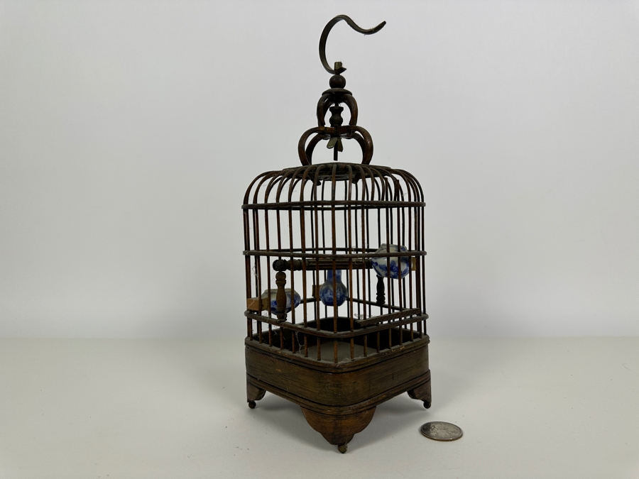 Vintage Chinese Small Bamboo Birdcage With Waterpots 10H [Photo 2]