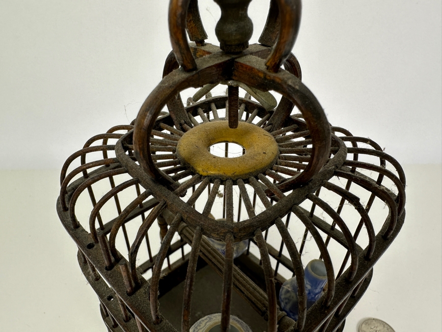 Vintage Chinese Small Bamboo Birdcage With Waterpots 10H [Photo 7]