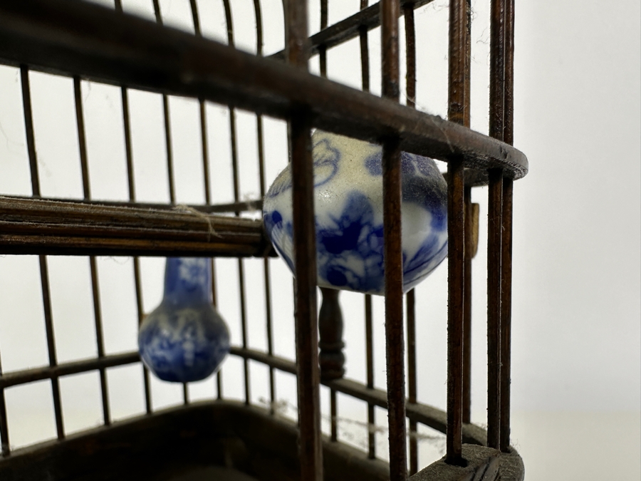 Vintage Chinese Small Bamboo Birdcage With Waterpots 10H [Photo 3]