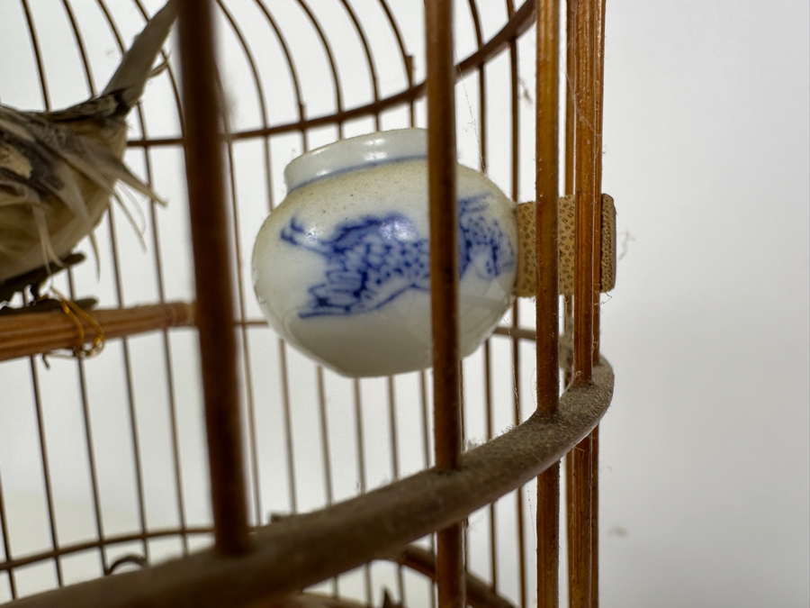 Vintage Chinese Bamboo Birdcage With Waterpots 15H [Photo 8]