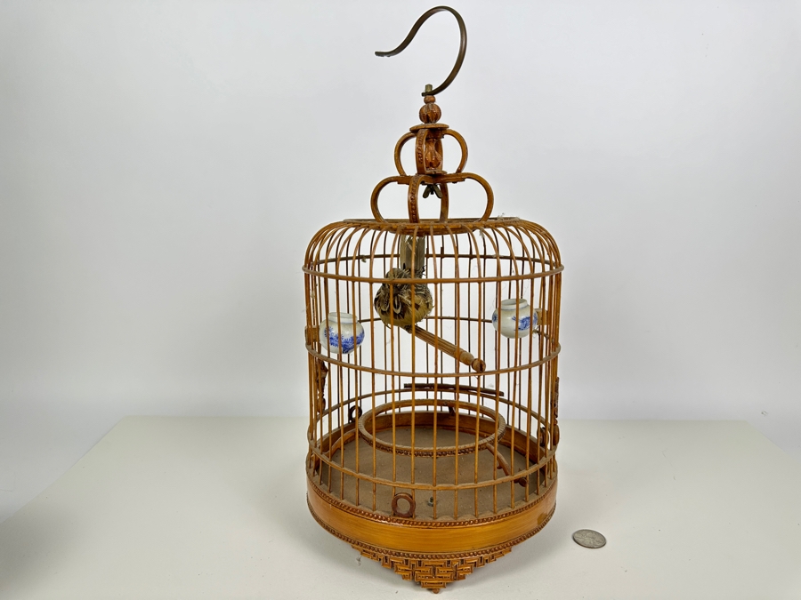 Vintage Chinese Bamboo Birdcage With Waterpots 15H