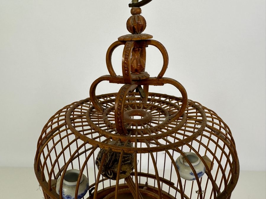 Vintage Chinese Bamboo Birdcage With Waterpots 15H [Photo 9]