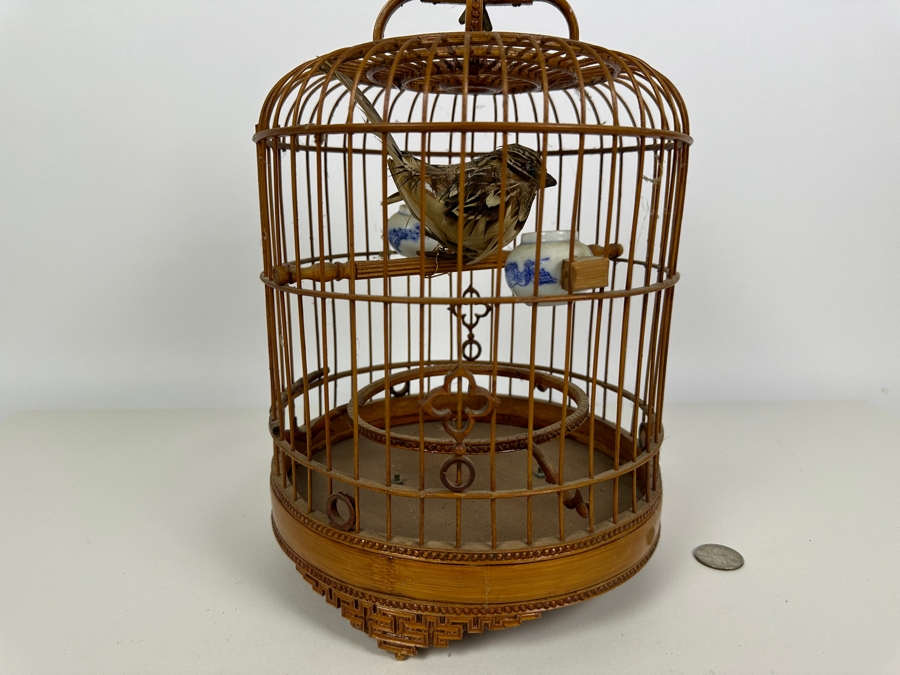 Vintage Chinese Bamboo Birdcage With Waterpots 15H [Photo 12]