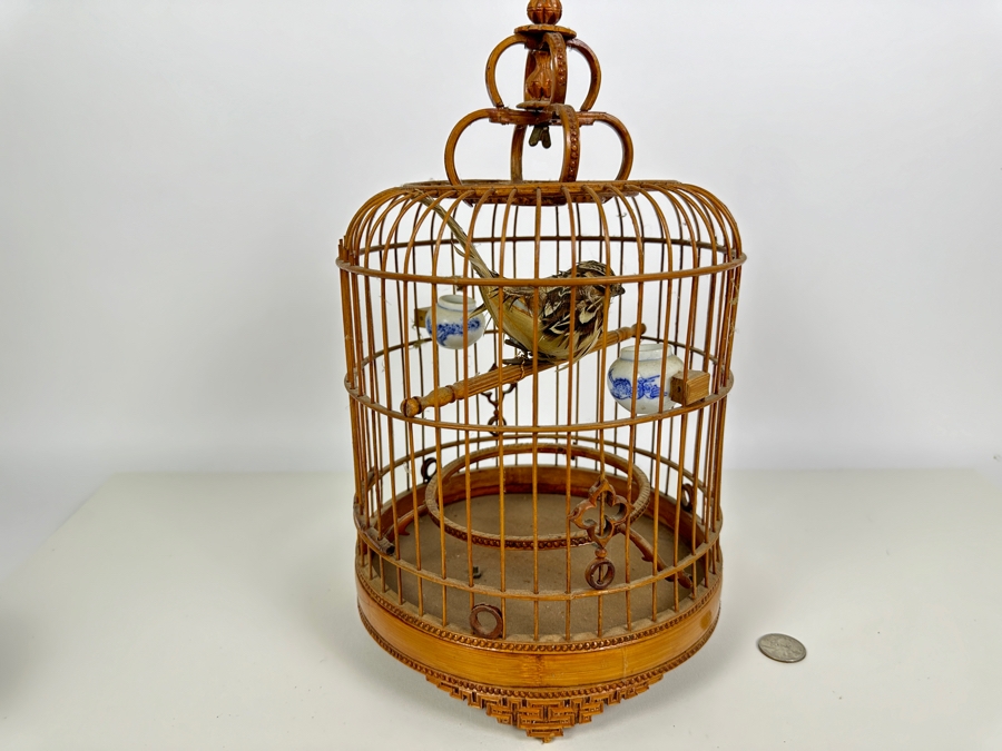Vintage Chinese Bamboo Birdcage With Waterpots 15H [Photo 14]