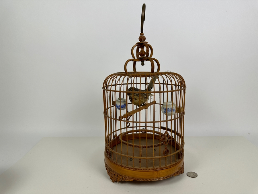 Vintage Chinese Bamboo Birdcage With Waterpots 15H [Photo 3]