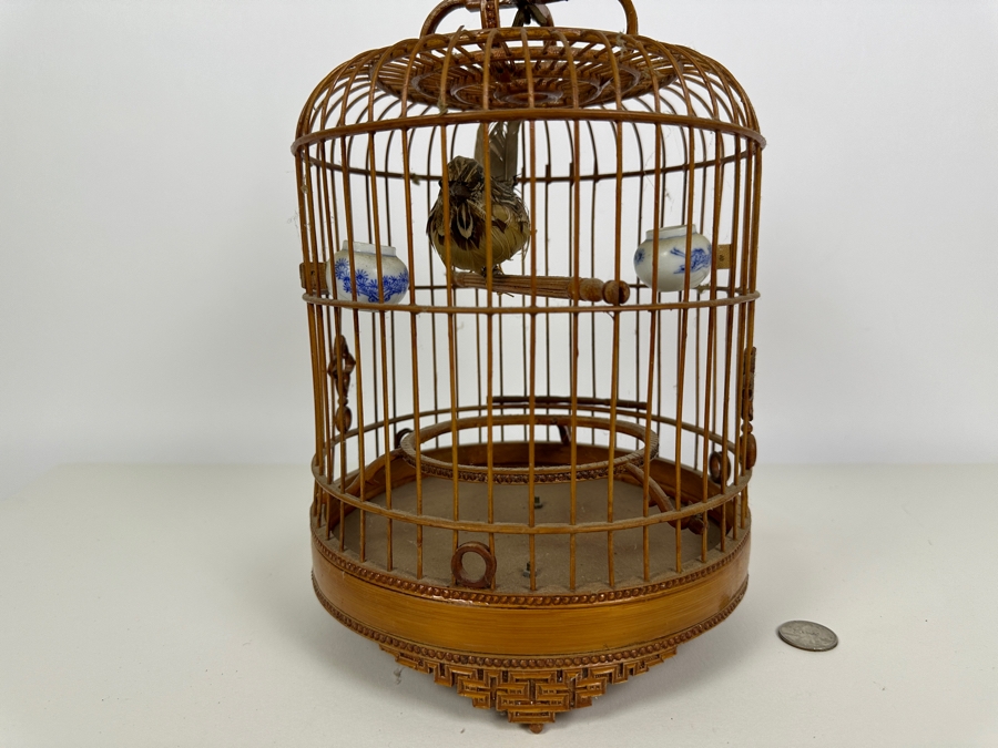 Vintage Chinese Bamboo Birdcage With Waterpots 15H [Photo 4]