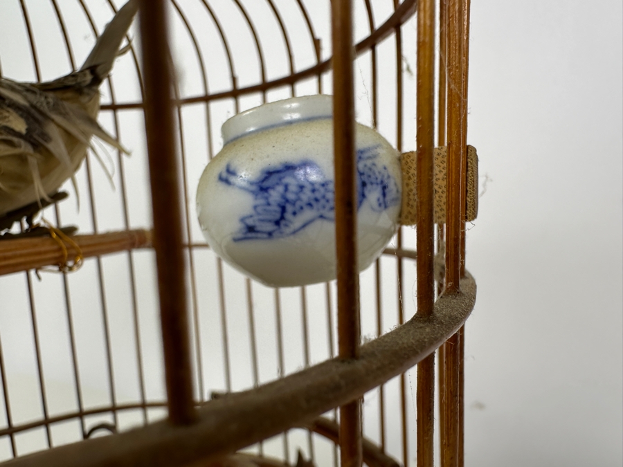 Vintage Chinese Bamboo Birdcage With Waterpots 15H [Photo 7]