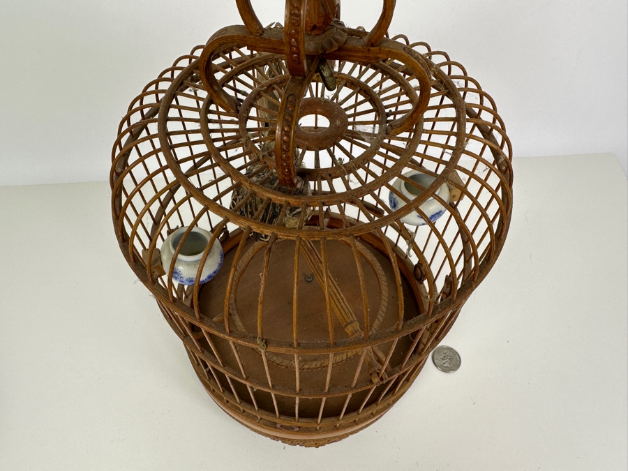 Vintage Chinese Bamboo Birdcage With Waterpots 15H [Photo 11]
