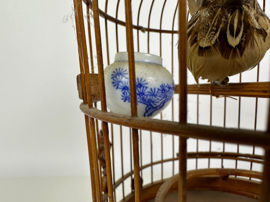 Vintage Chinese Bamboo Birdcage With Waterpots 15H [Photo 6]