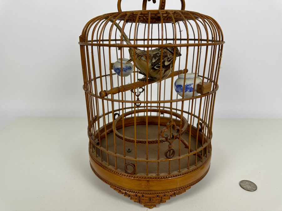 Vintage Chinese Bamboo Birdcage With Waterpots 15H [Photo 17]