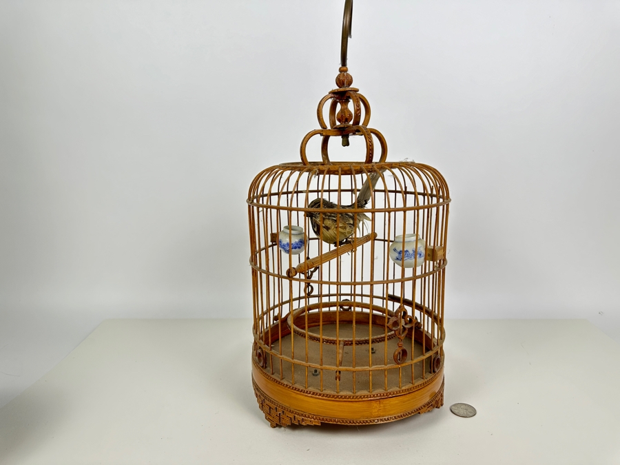 Vintage Chinese Bamboo Birdcage With Waterpots 15H [Photo 2]