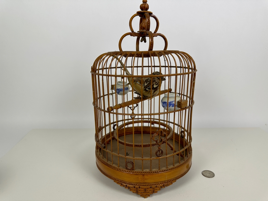 Vintage Chinese Bamboo Birdcage With Waterpots 15H [Photo 13]