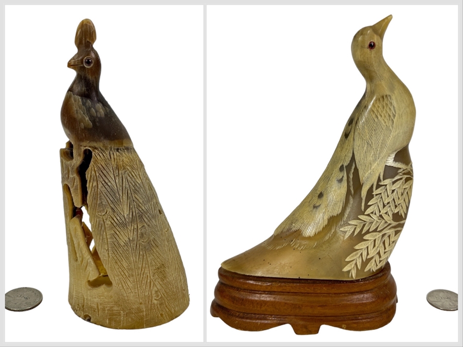 Pair Of Vintage Hand Carved Horn Birds Figurines 7.25H