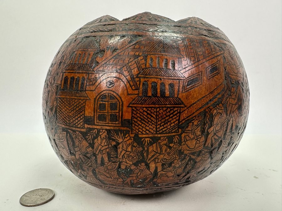 Vintage Hand Carved Gourd Depicting Various Scenes Peruvian Folk Art 6W X 5H [Photo 4]