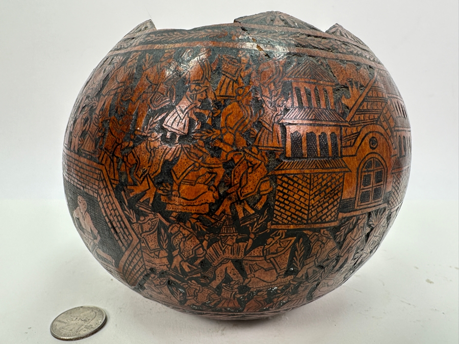 Vintage Hand Carved Gourd Depicting Various Scenes Peruvian Folk Art 6W X 5H [Photo 3]