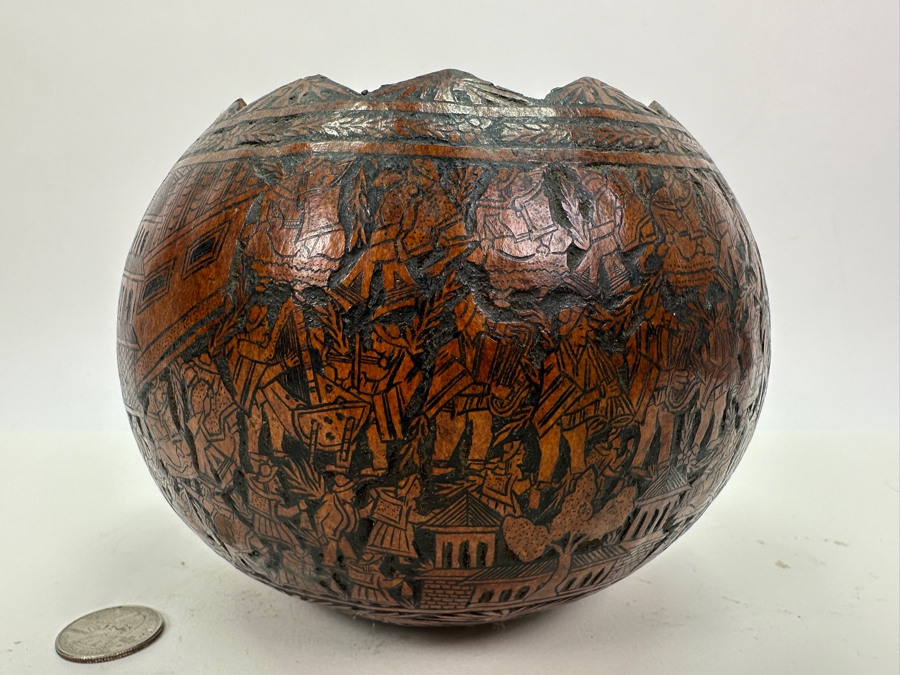Vintage Hand Carved Gourd Depicting Various Scenes Peruvian Folk Art 6W X 5H [Photo 5]