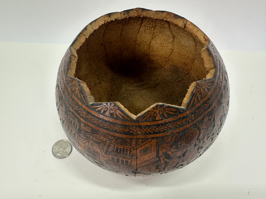 Vintage Hand Carved Gourd Depicting Various Scenes Peruvian Folk Art 6W X 5H [Photo 8]