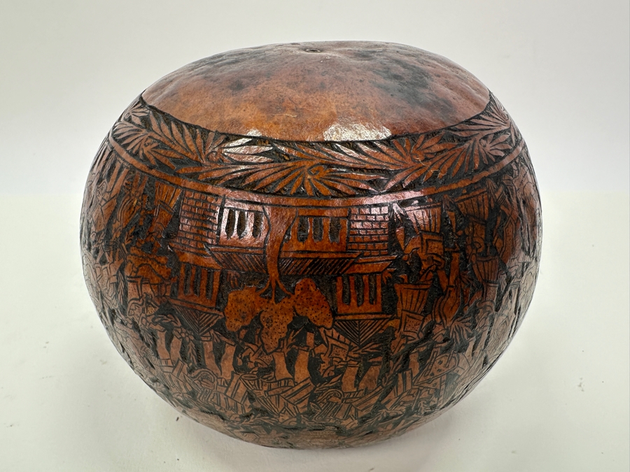 Vintage Hand Carved Gourd Depicting Various Scenes Peruvian Folk Art 6W X 5H [Photo 9]