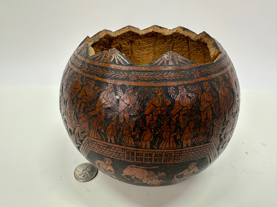 Vintage Hand Carved Gourd Depicting Various Scenes Peruvian Folk Art 6W X 5H [Photo 2]