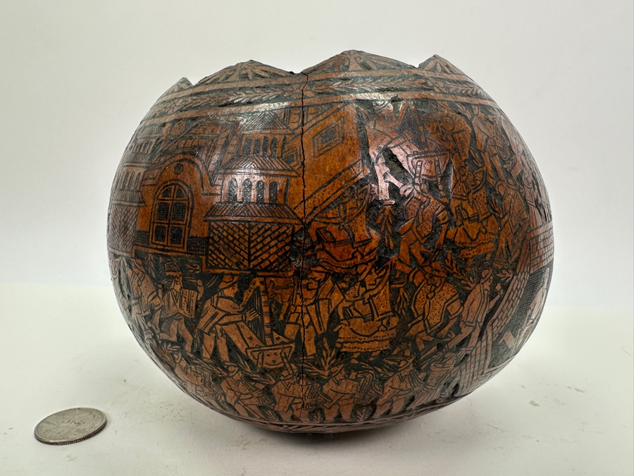 Vintage Hand Carved Gourd Depicting Various Scenes Peruvian Folk Art 6W X 5H [Photo 7]