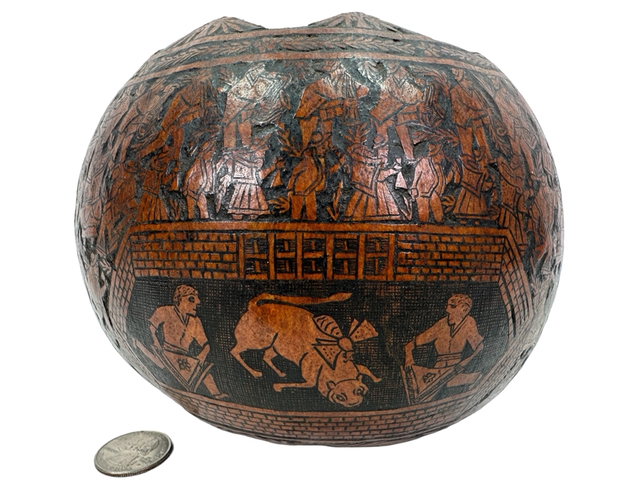 Vintage Hand Carved Gourd Depicting Various Scenes Peruvian Folk Art 6W X 5H [Photo 1]