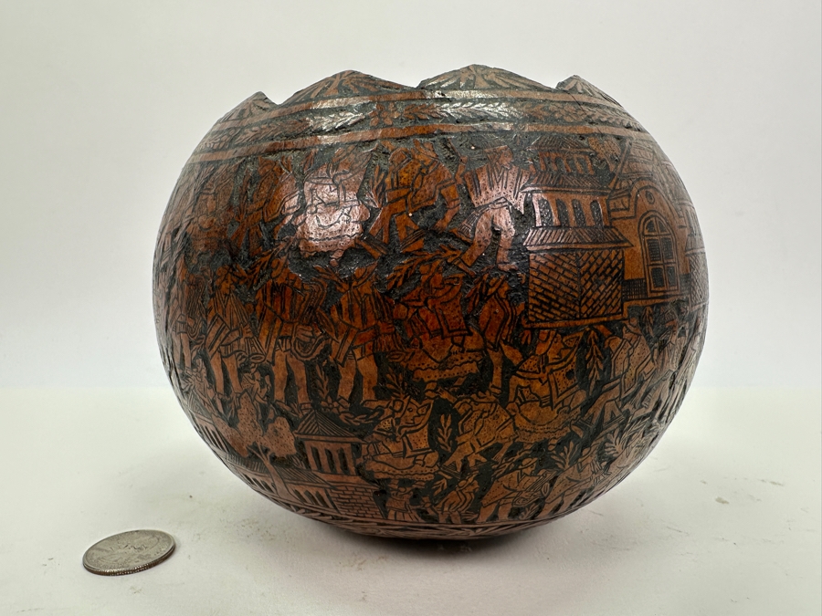Vintage Hand Carved Gourd Depicting Various Scenes Peruvian Folk Art 6W X 5H [Photo 6]