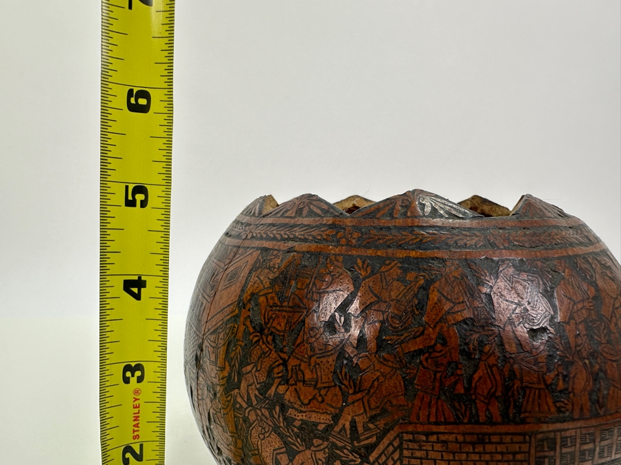 Vintage Hand Carved Gourd Depicting Various Scenes Peruvian Folk Art 6W X 5H [Photo 10]