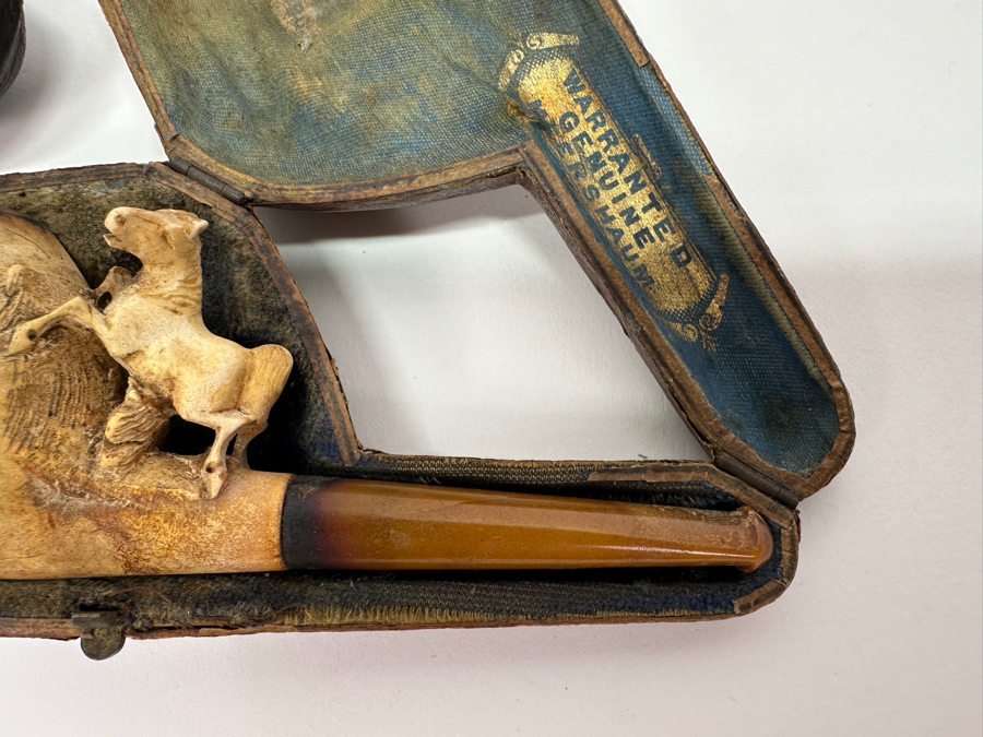 Pair Of Antique Carved Meerschaum / Amber Pipes Carved Horses With Cases 4.5L [Photo 6]