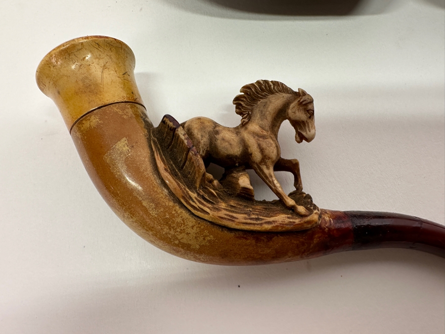 Pair Of Antique Carved Meerschaum / Amber Pipes Carved Horses With Cases 4.5L [Photo 16]