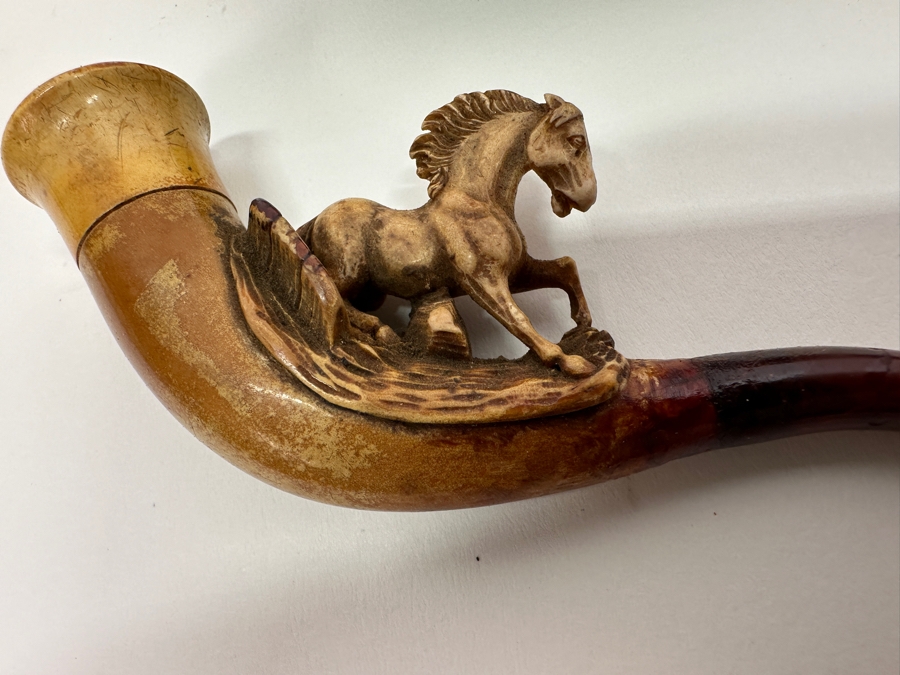 Pair Of Antique Carved Meerschaum / Amber Pipes Carved Horses With Cases 4.5L [Photo 14]