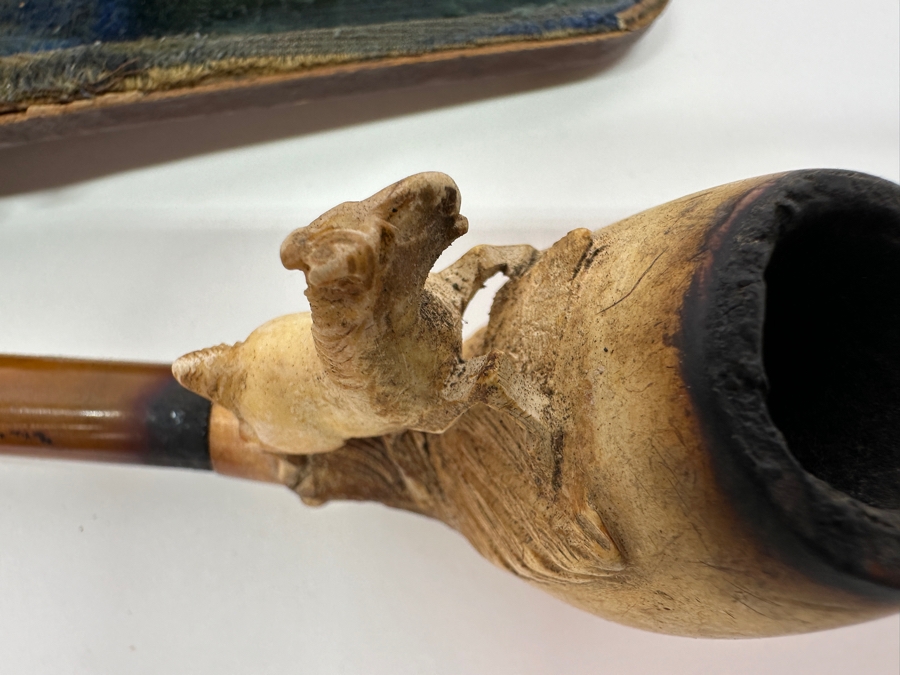 Pair Of Antique Carved Meerschaum / Amber Pipes Carved Horses With Cases 4.5L [Photo 12]