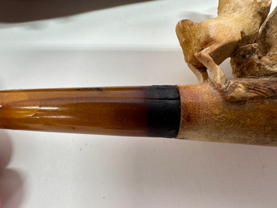 Pair Of Antique Carved Meerschaum / Amber Pipes Carved Horses With Cases 4.5L [Photo 10]