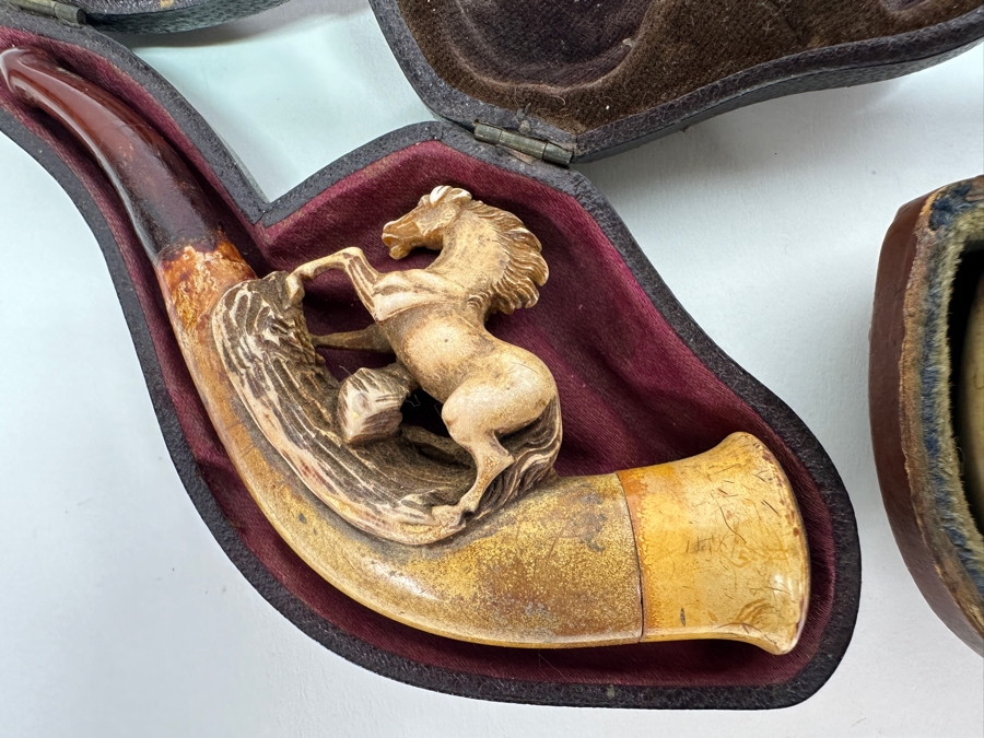 Pair Of Antique Carved Meerschaum / Amber Pipes Carved Horses With Cases 4.5L [Photo 2]