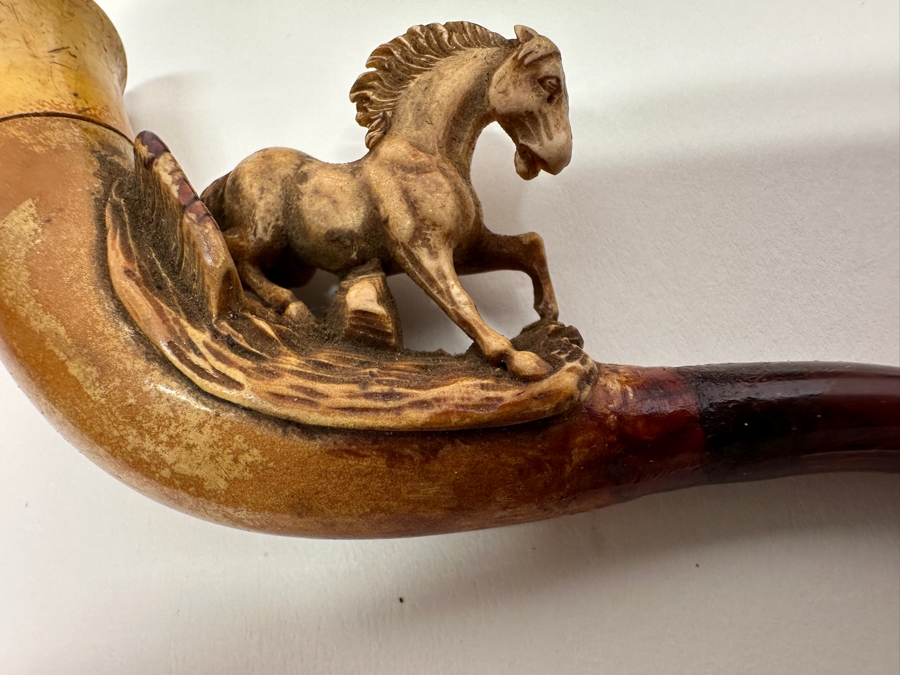 Pair Of Antique Carved Meerschaum / Amber Pipes Carved Horses With Cases 4.5L [Photo 15]