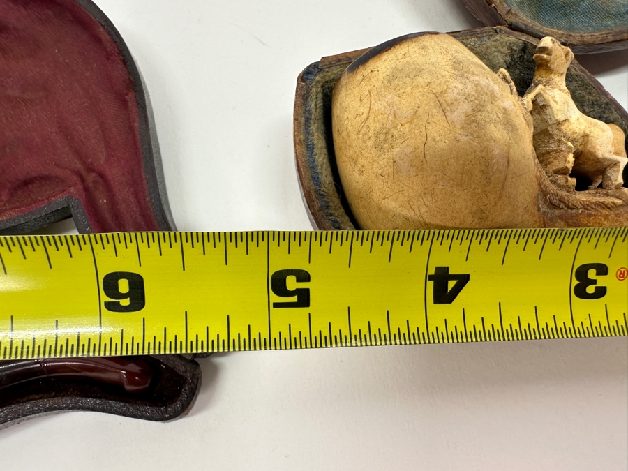 Pair Of Antique Carved Meerschaum / Amber Pipes Carved Horses With Cases 4.5L [Photo 19]
