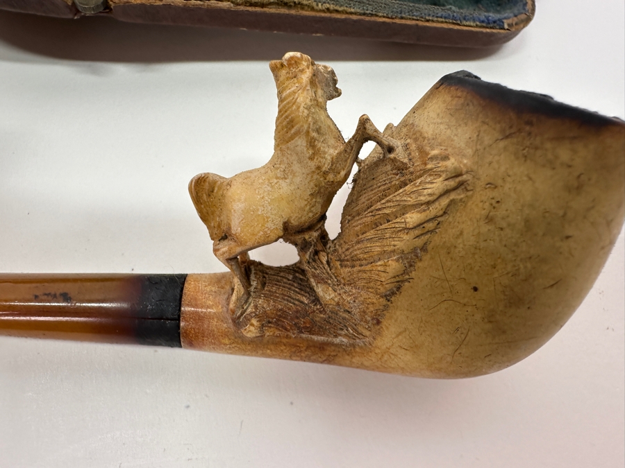 Pair Of Antique Carved Meerschaum / Amber Pipes Carved Horses With Cases 4.5L [Photo 9]