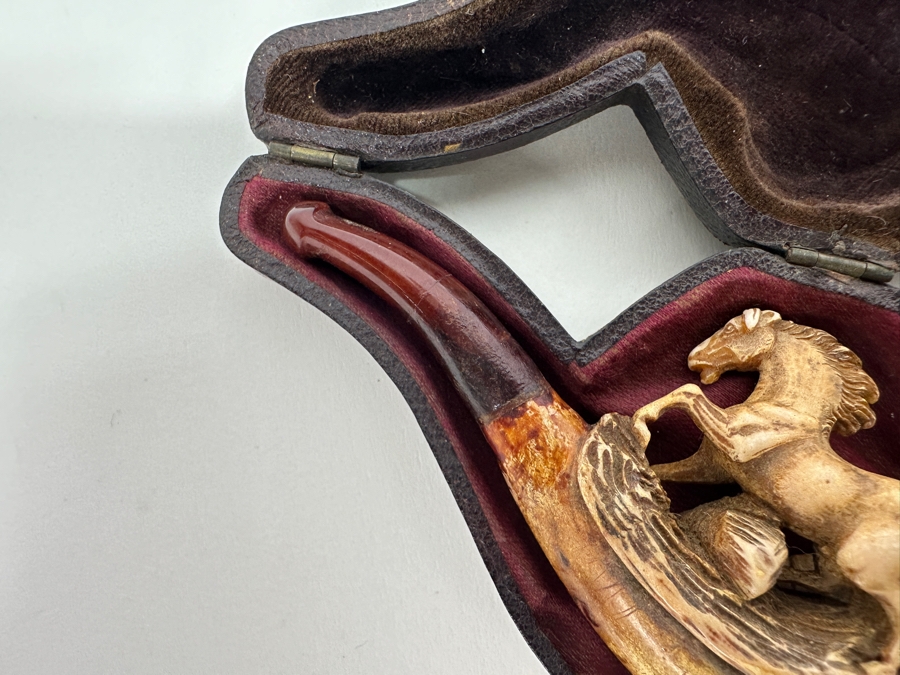 Pair Of Antique Carved Meerschaum / Amber Pipes Carved Horses With Cases 4.5L [Photo 4]
