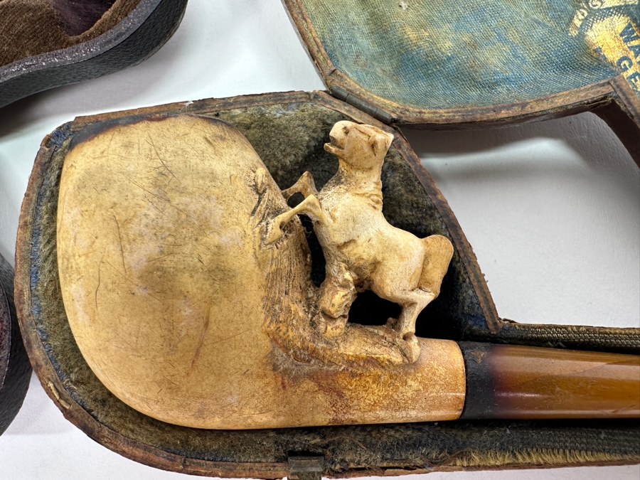 Pair Of Antique Carved Meerschaum / Amber Pipes Carved Horses With Cases 4.5L [Photo 5]