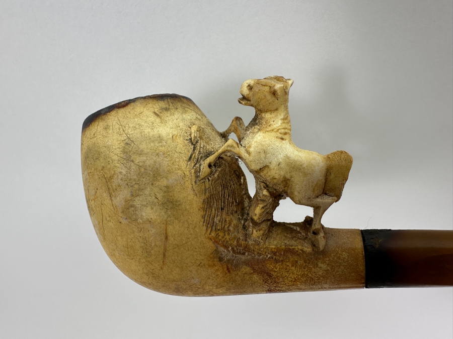 Pair Of Antique Carved Meerschaum / Amber Pipes Carved Horses With Cases 4.5L [Photo 13]