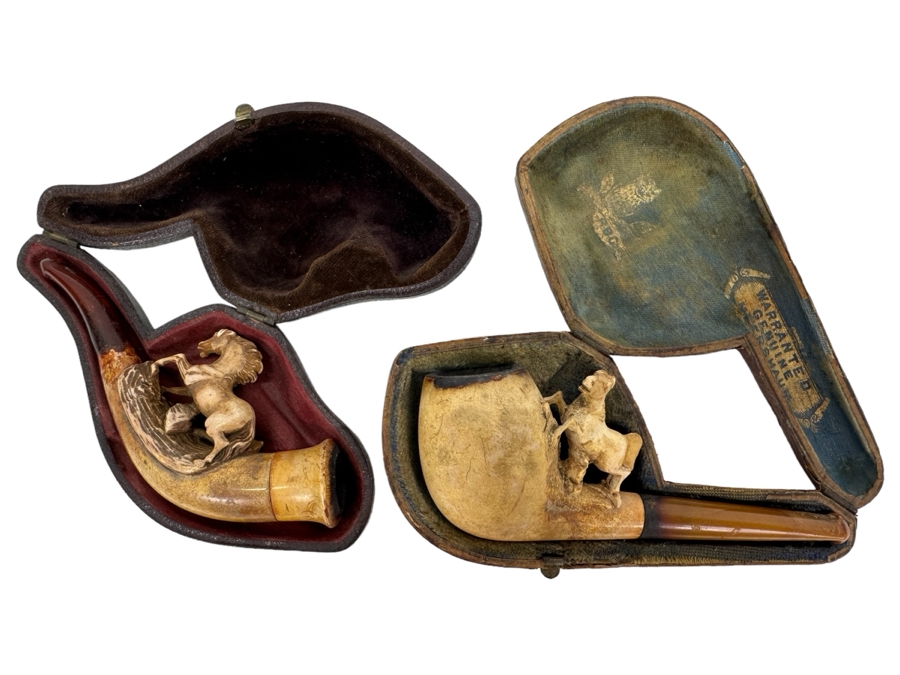 Pair Of Antique Carved Meerschaum / Amber Pipes Carved Horses With Cases 4.5L [Photo 1]